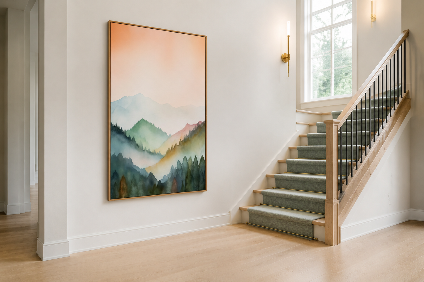 Pastel Mountains Landscape Blush Pink And Green Vertical Framed Canvas Wall Art