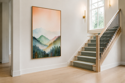 Pastel Mountains Landscape Blush Pink And Green Vertical Framed Canvas Wall Art