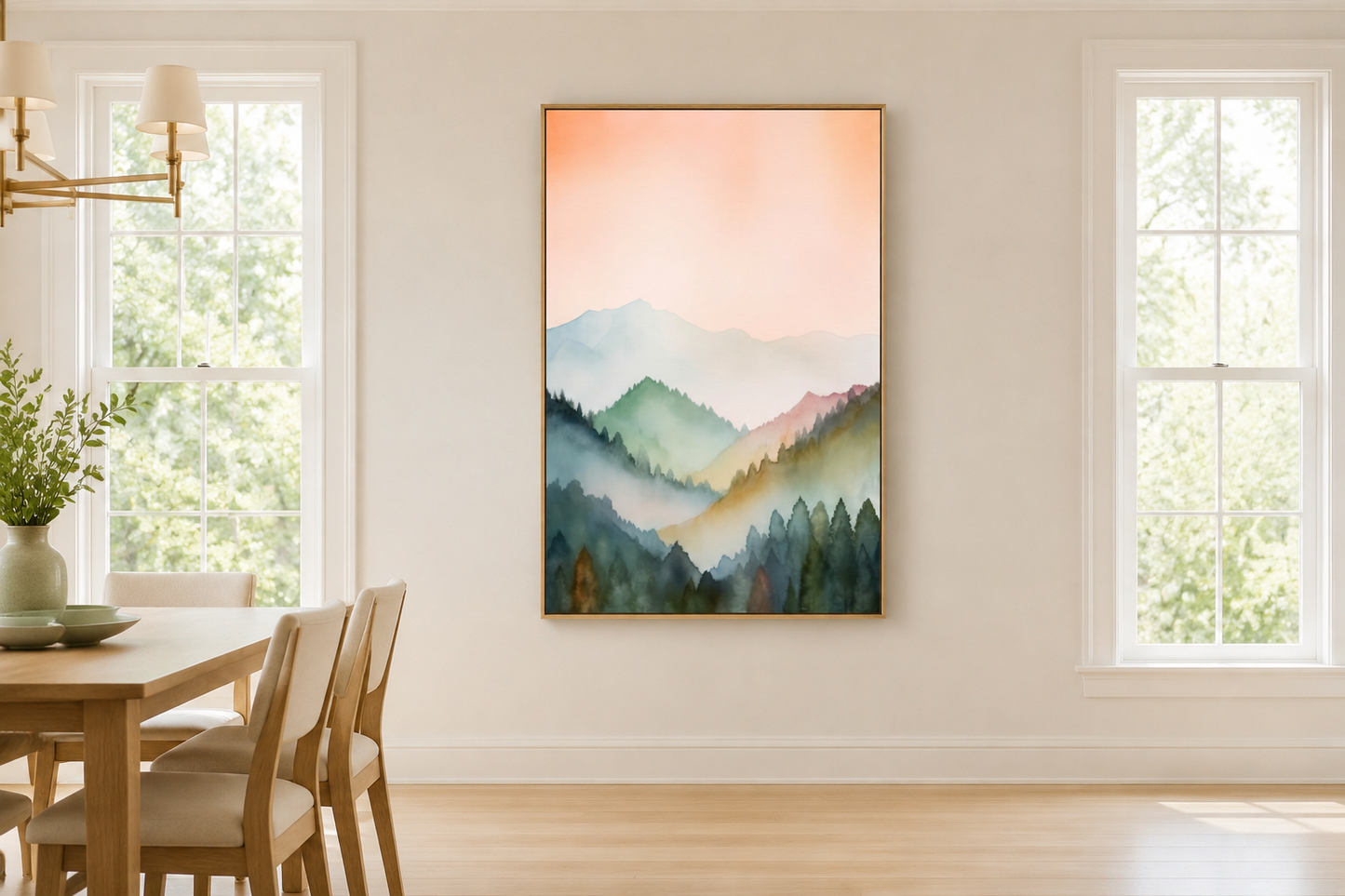 Pastel Mountains Landscape Blush Pink And Green Vertical Framed Canvas Wall Art