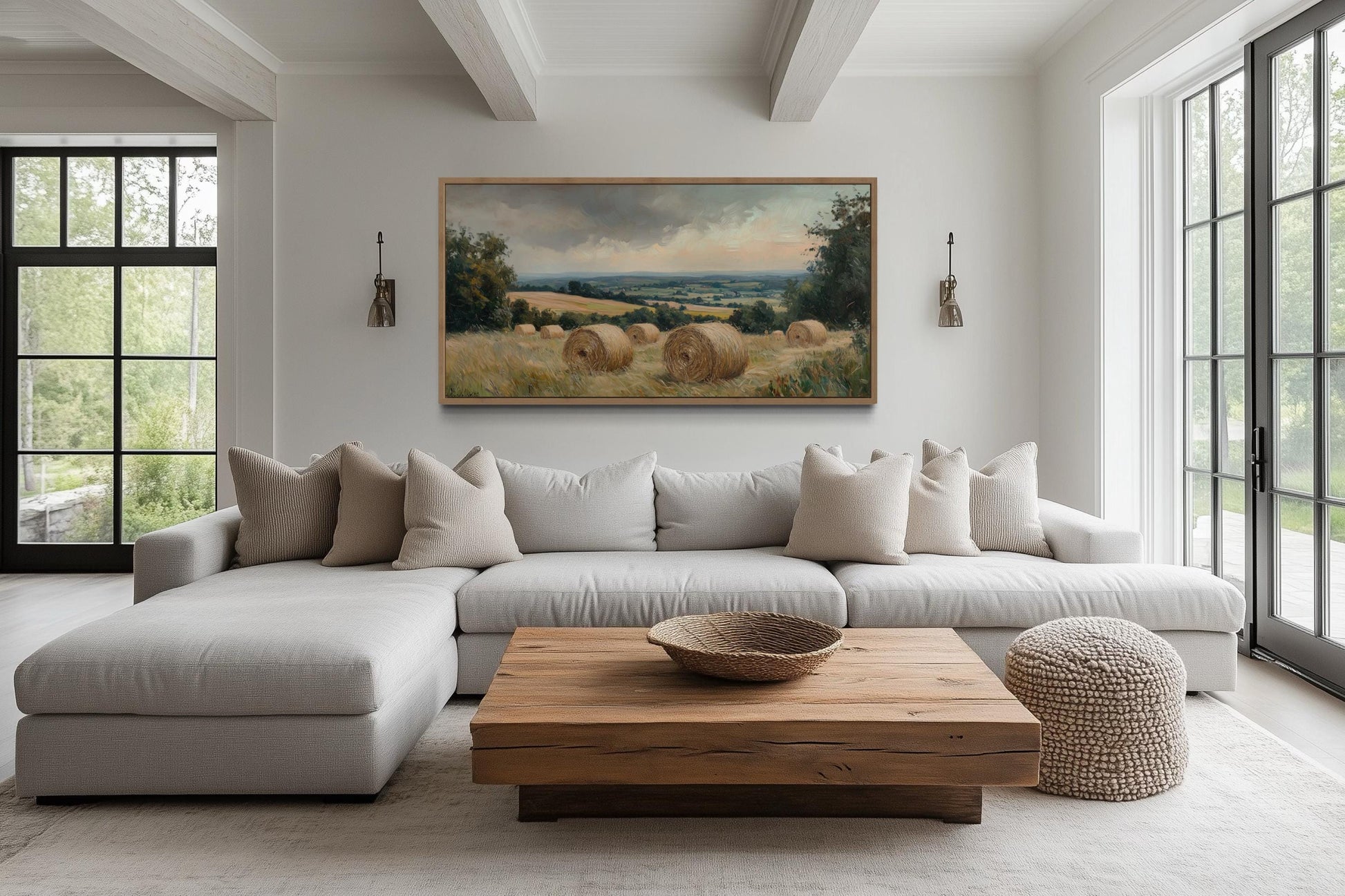Pastoral Hay Field Framed Canvas Wall Art For Farmhouse Decor