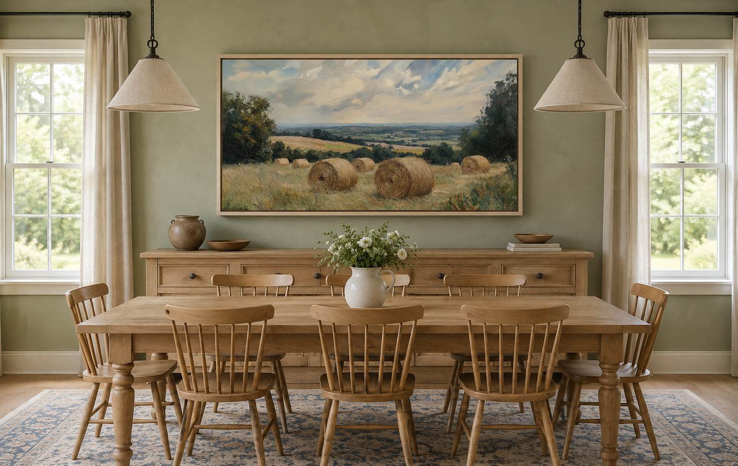 Pastoral Hay Field Framed Canvas Wall Art For Farmhouse Decor