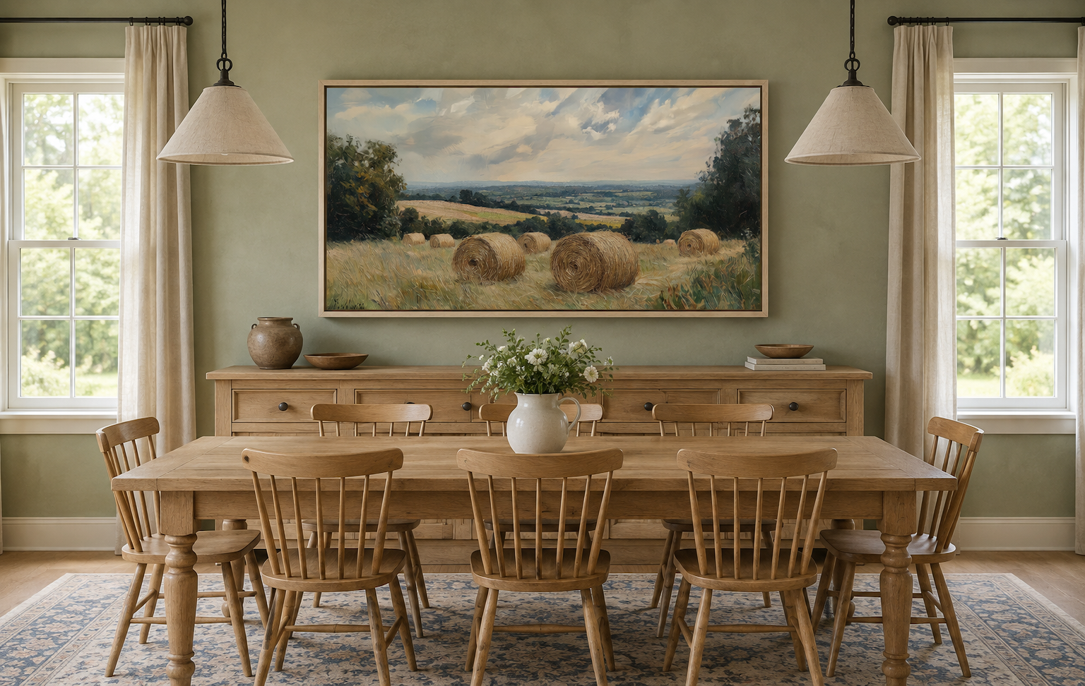 Pastoral Hay Field Framed Canvas Wall Art For Farmhouse Decor
