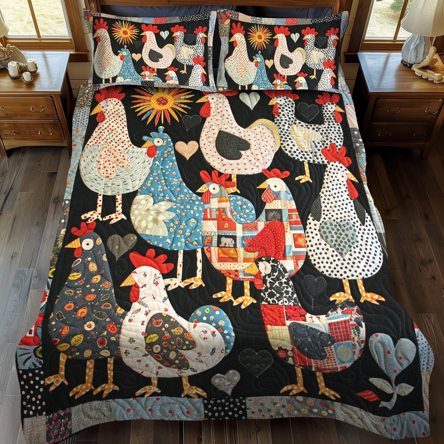 Patchwork Poultry 3-Piece Quilted Bedding Set - Single (59" x 70")