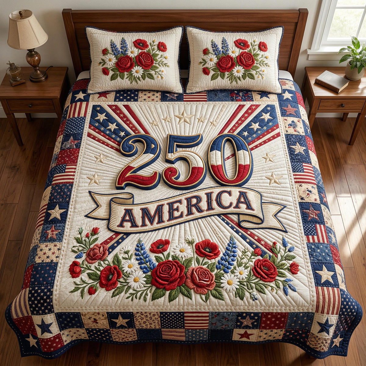 Patriotic Bloom 3-Piece Quilted Bedding Set - Single (59" x 70")