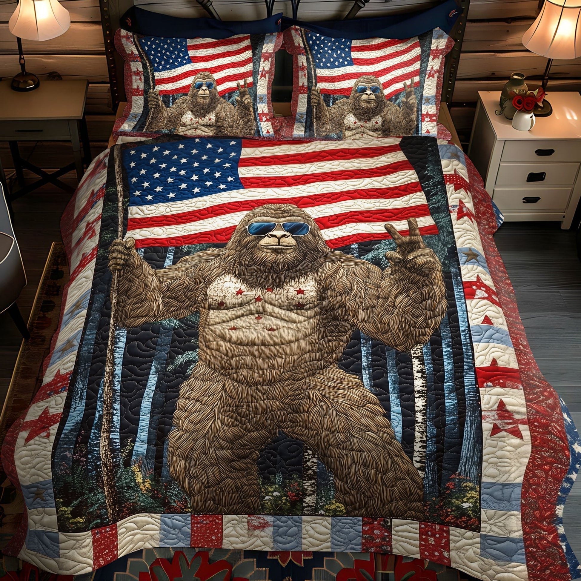 Patriotic Sasquatch 3-Piece Quilted Bedding Set - Single (59" x 70")