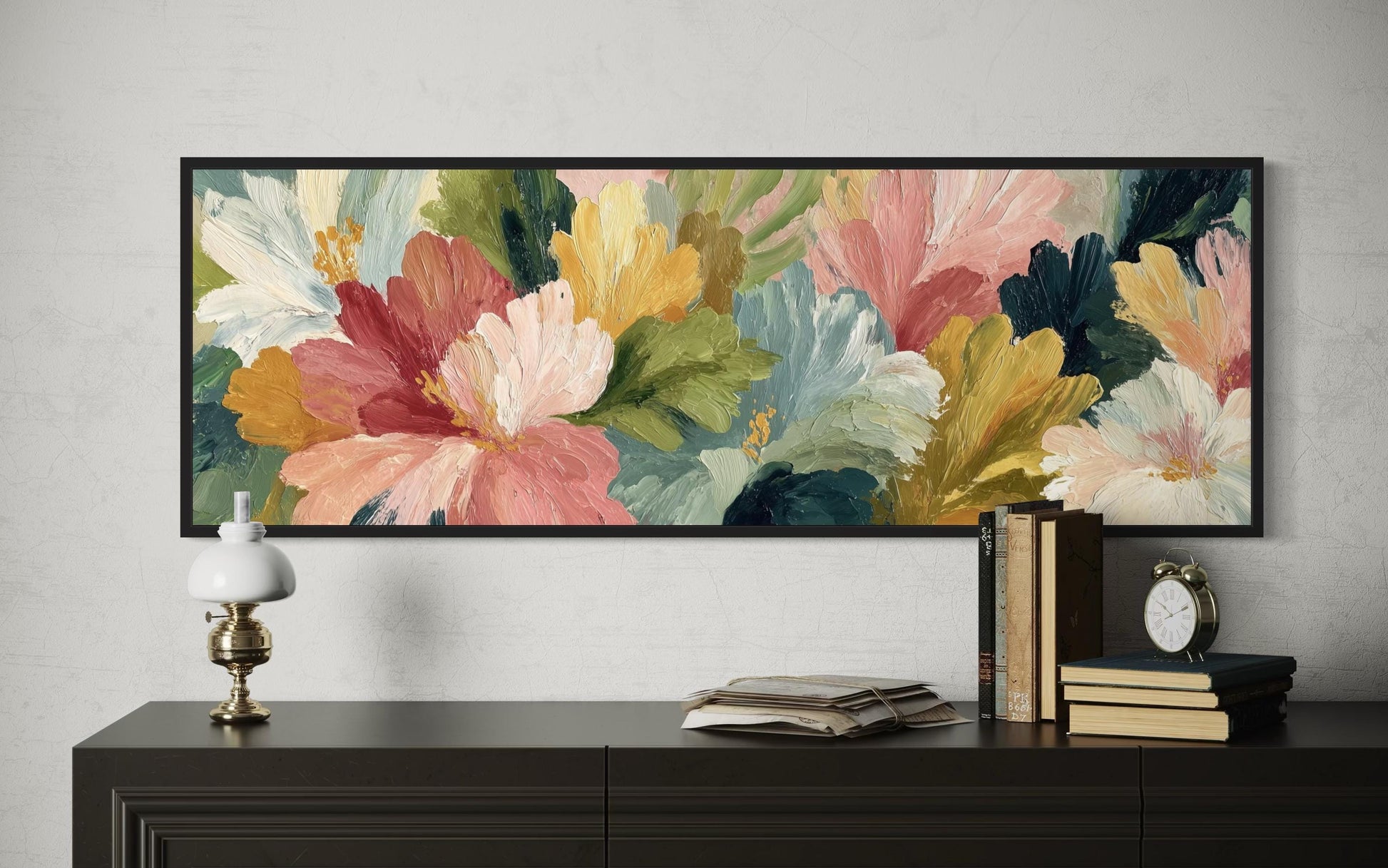 Peach Coral Yellow Green Flower Market Long Horizontal Wall Art