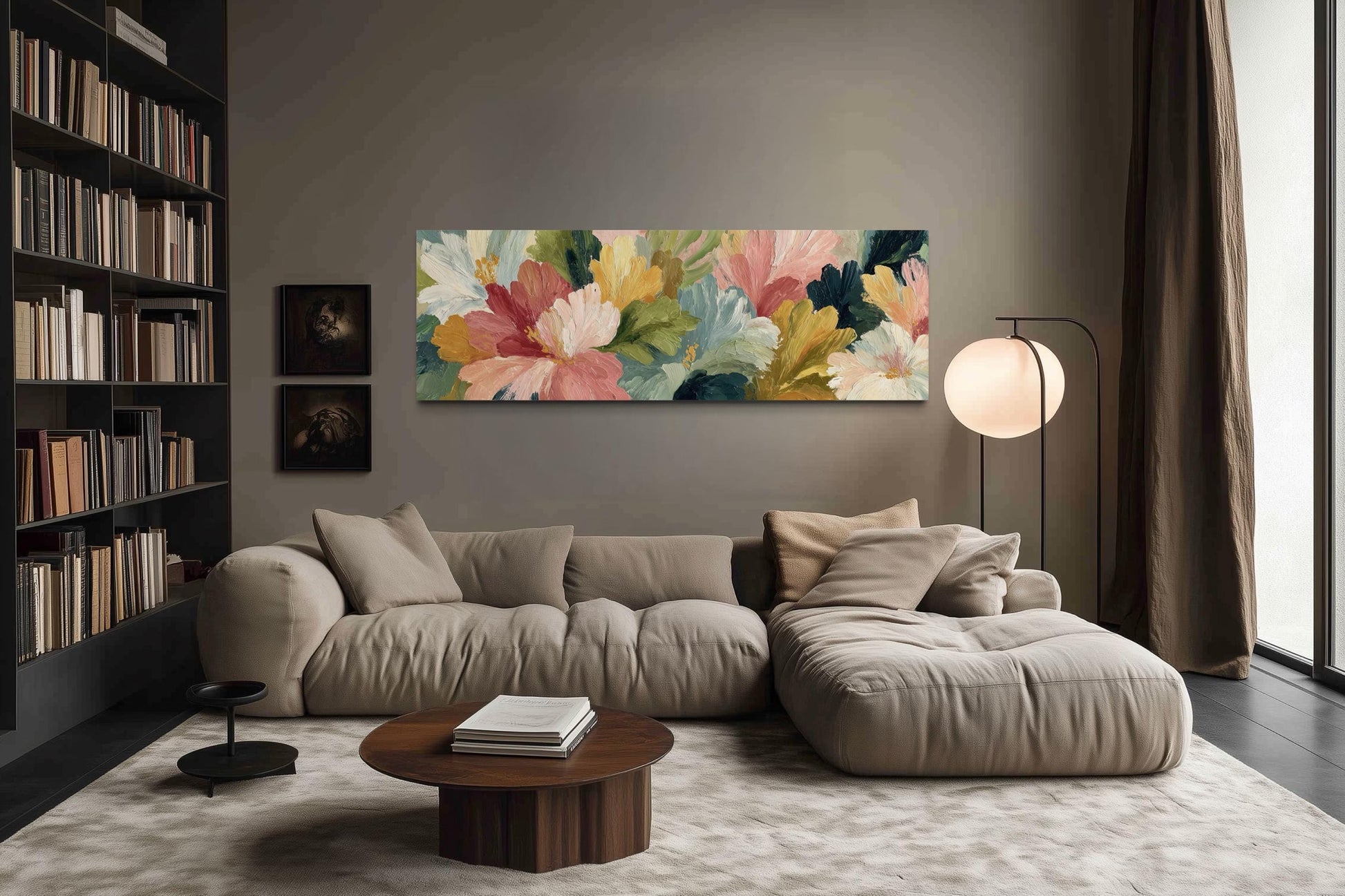 Peach Coral Yellow Green Flower Market Long Horizontal Wall Art