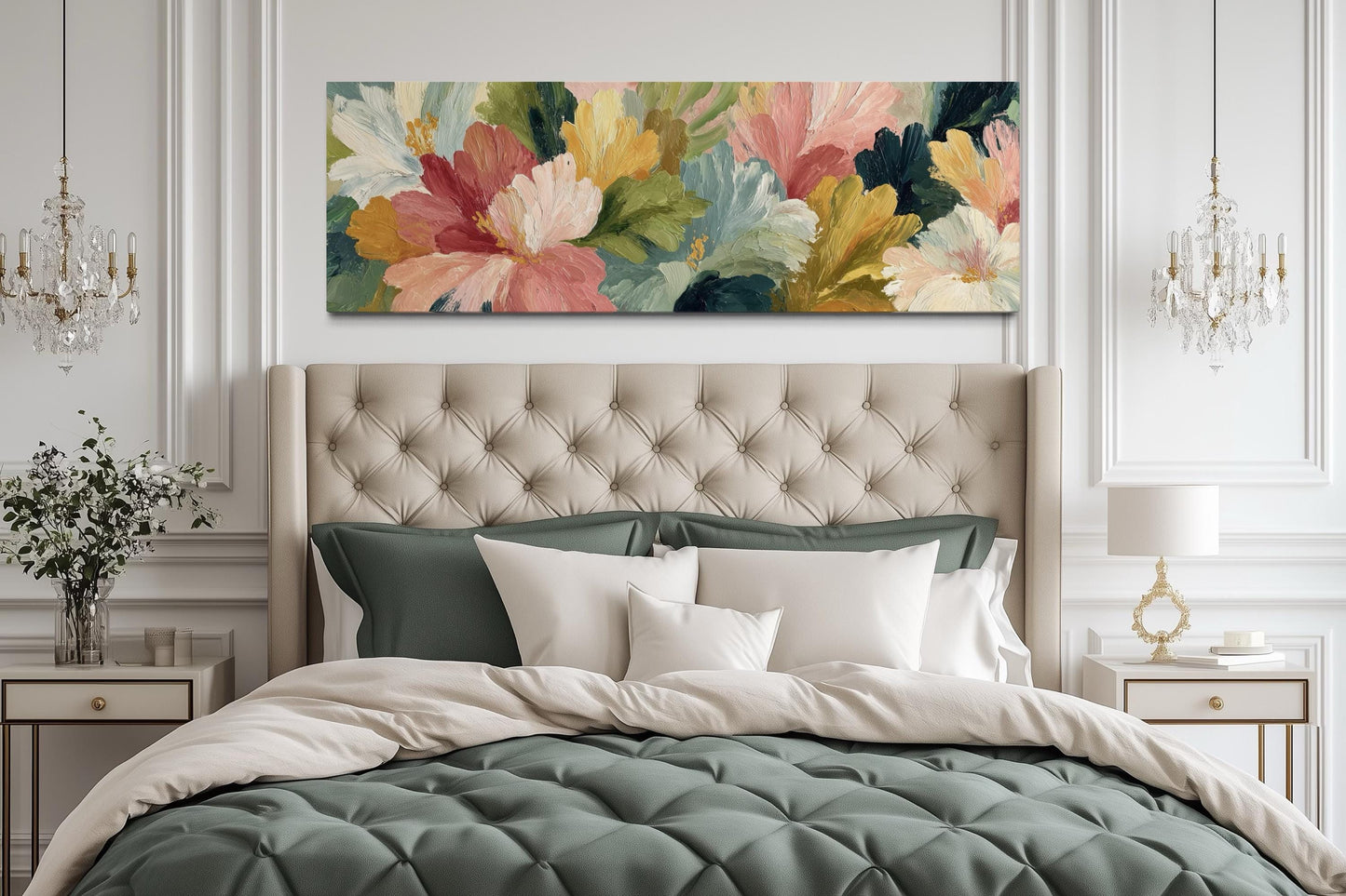 Peach Coral Yellow Green Flower Market Long Horizontal Wall Art