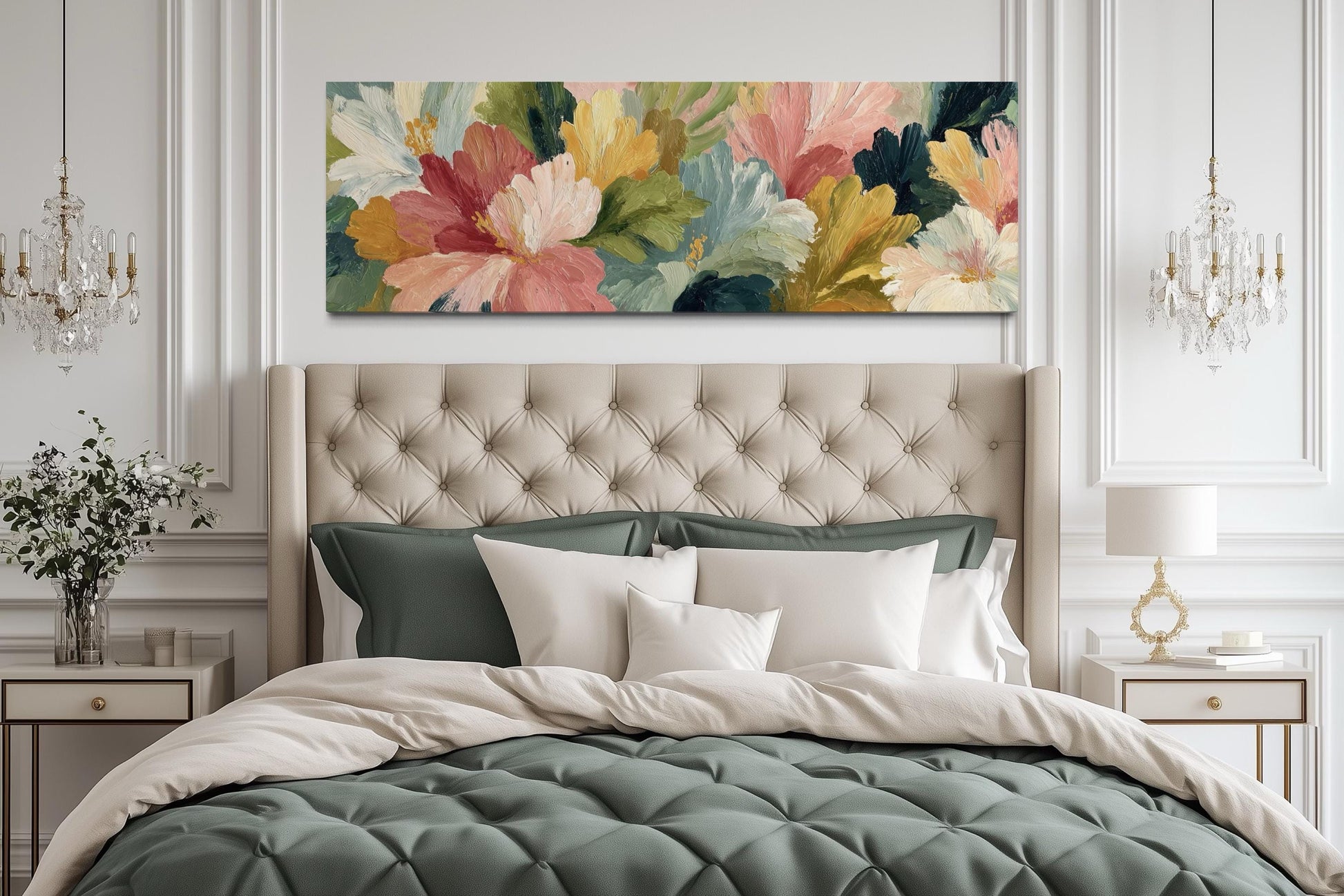 Peach Coral Yellow Green Flower Market Long Horizontal Wall Art
