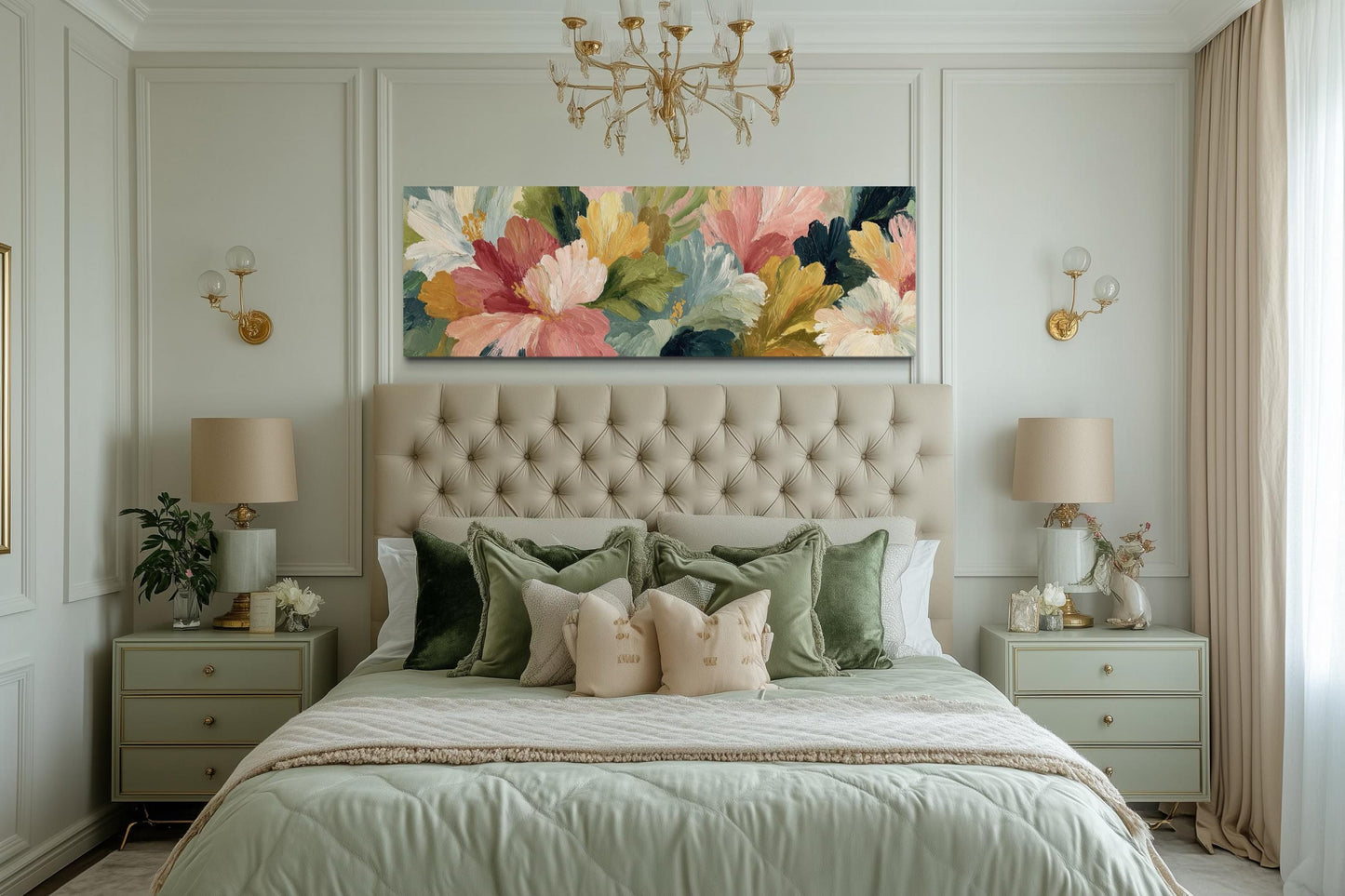 Peach Coral Yellow Green Flower Market Long Horizontal Wall Art