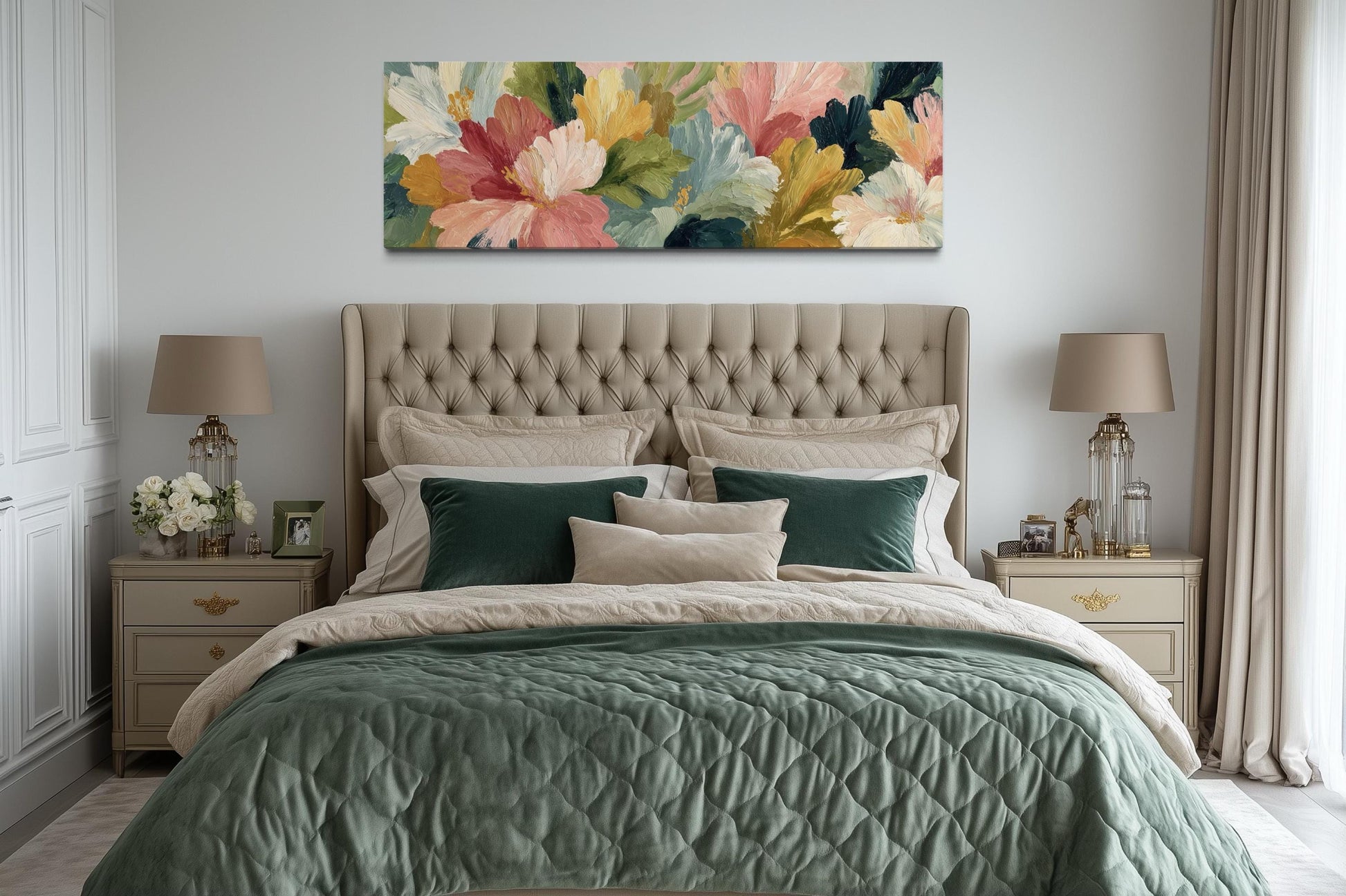 Peach Coral Yellow Green Flower Market Long Horizontal Wall Art