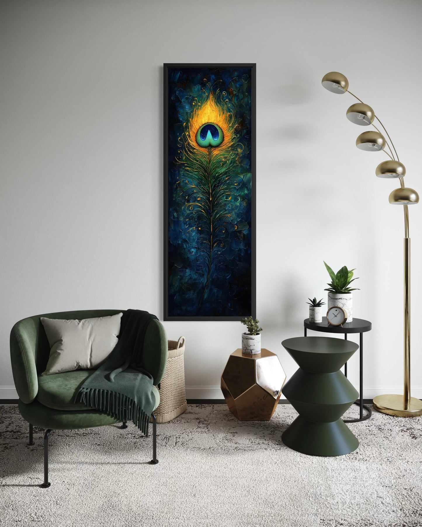 Peacock Feather Wall Art | Vertical Canvas Print - Blue Gold Abstract Feather Design