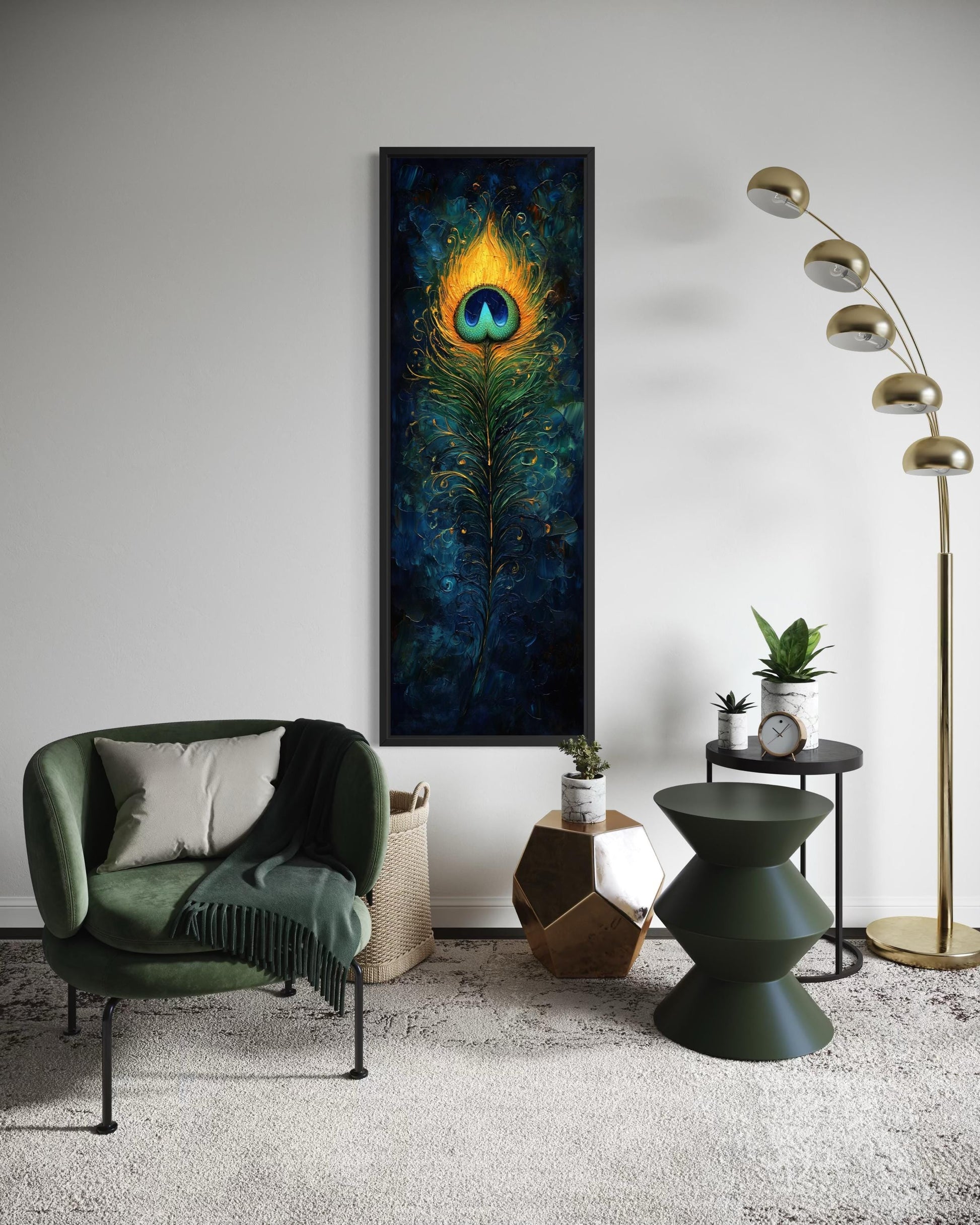 Peacock Feather Wall Art | Vertical Canvas Print - Blue Gold Abstract Feather Design