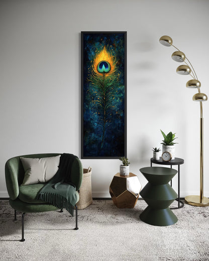 Peacock Feather Wall Art | Vertical Canvas Print - Blue Gold Abstract Feather Design