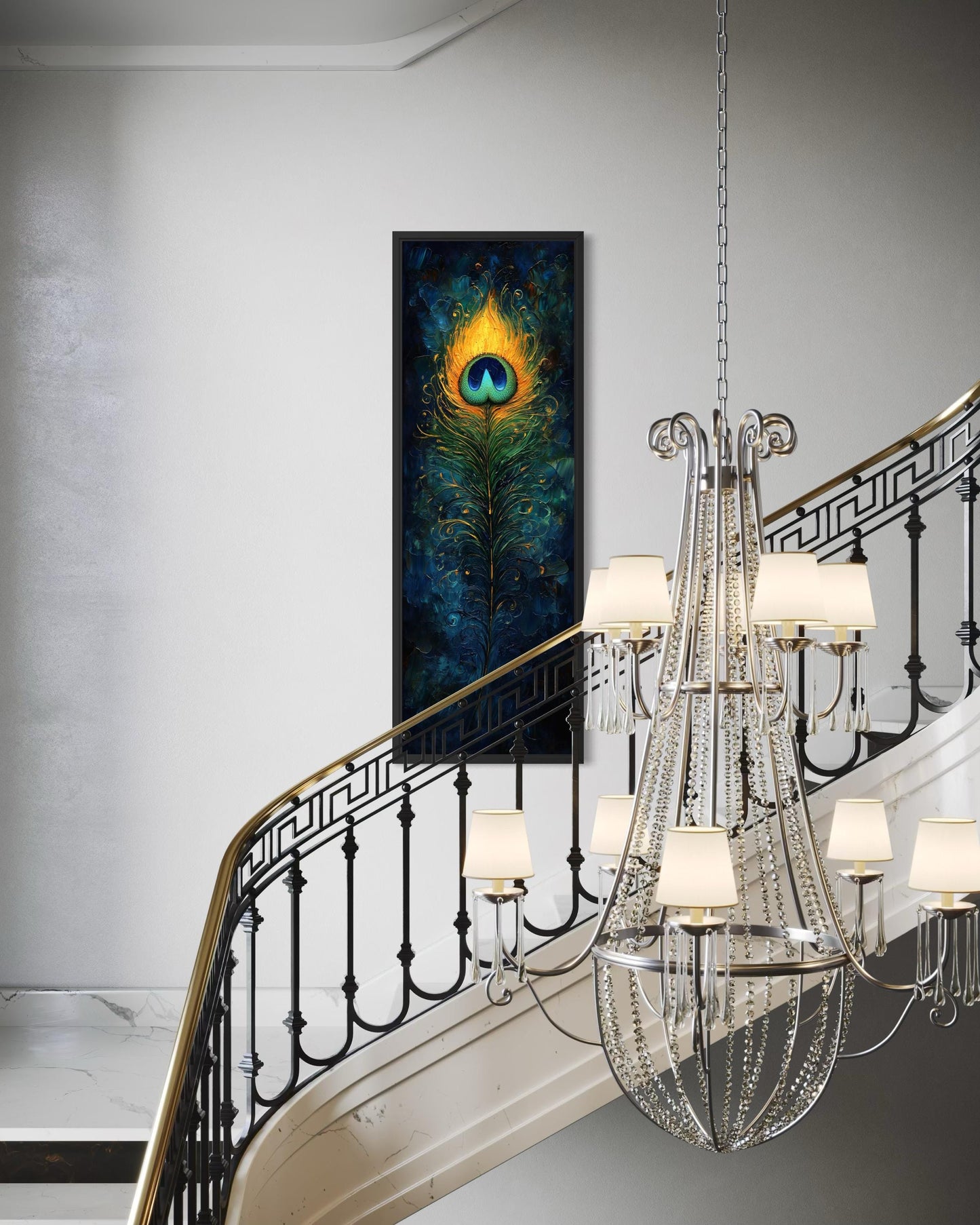 Peacock Feather Wall Art | Vertical Canvas Print - Blue Gold Abstract Feather Design