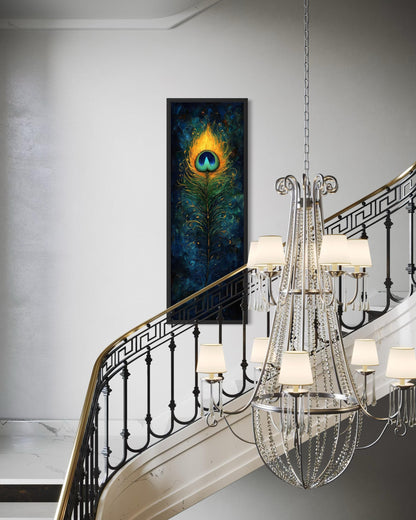 Peacock Feather Wall Art | Vertical Canvas Print - Blue Gold Abstract Feather Design