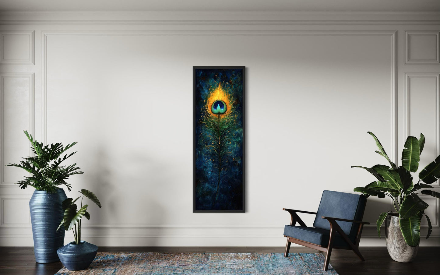 Peacock Feather Wall Art | Vertical Canvas Print - Blue Gold Abstract Feather Design
