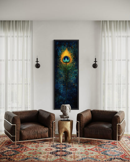 Peacock Feather Wall Art | Vertical Canvas Print - Blue Gold Abstract Feather Design
