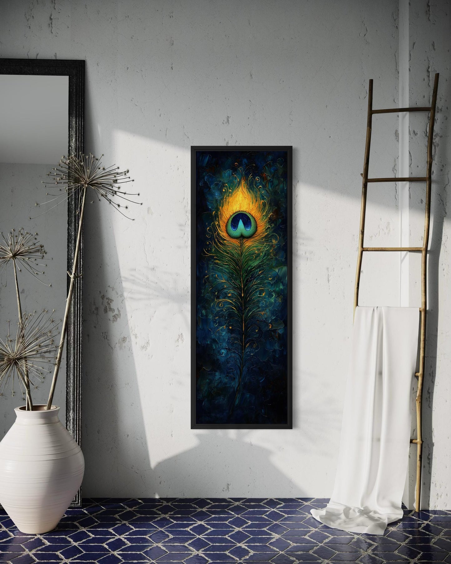 Peacock Feather Wall Art | Vertical Canvas Print - Blue Gold Abstract Feather Design