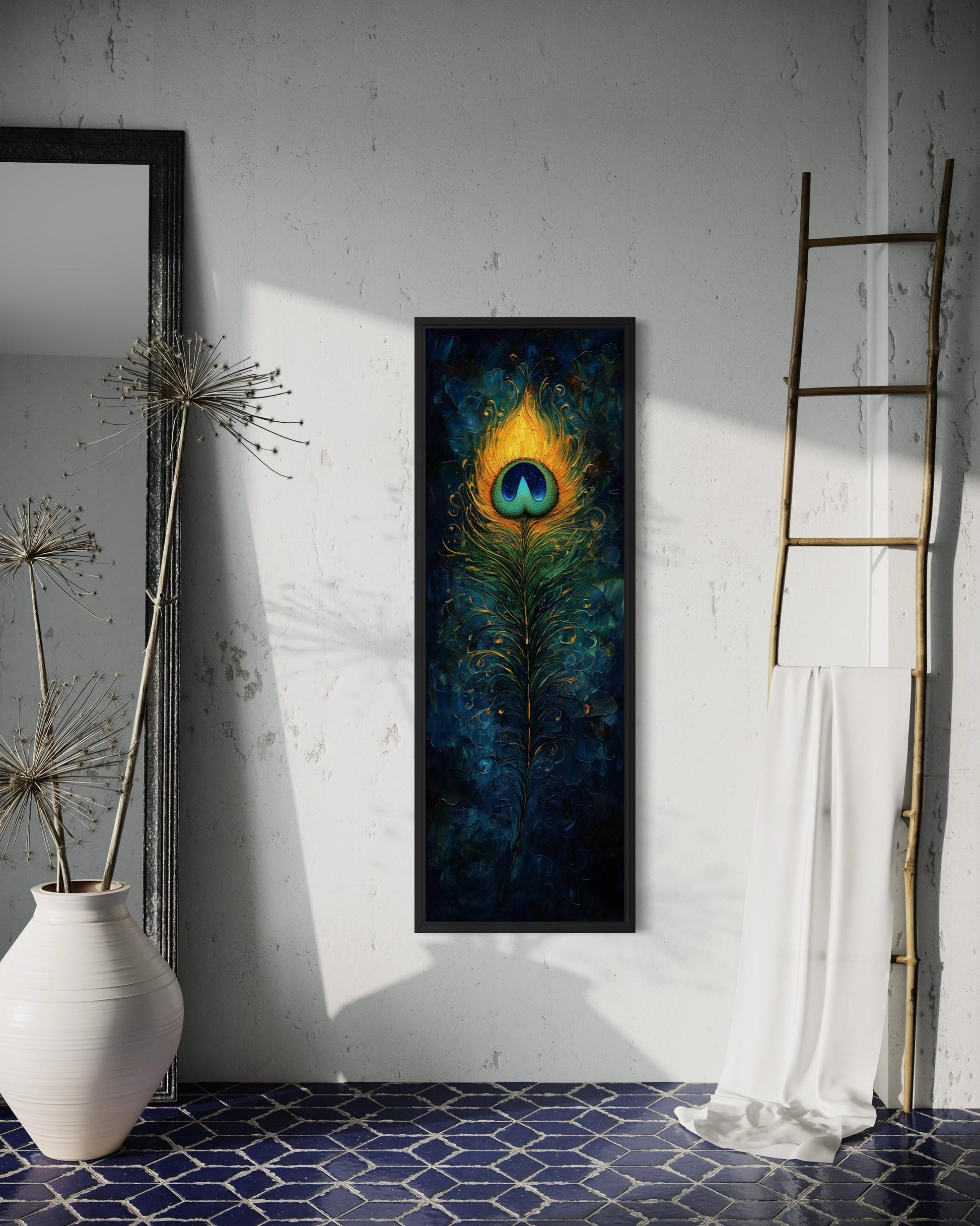 Peacock Feather Wall Art | Vertical Canvas Print - Blue Gold Abstract Feather Design
