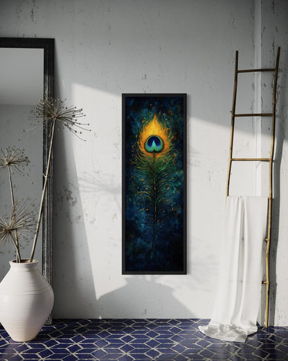 Peacock Feather Wall Art | Vertical Canvas Print - Blue Gold Abstract Feather Design