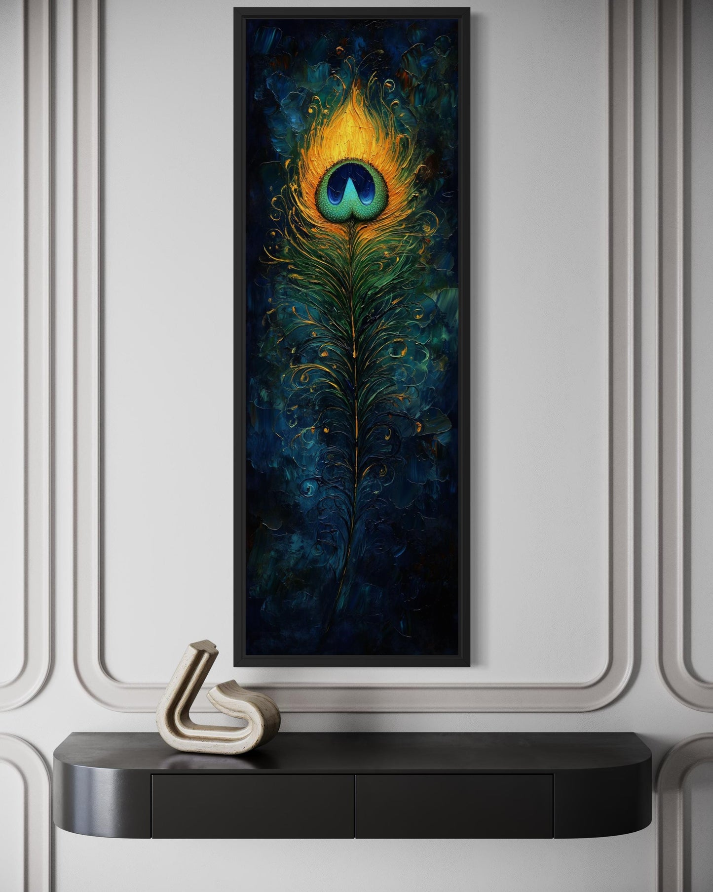 Peacock Feather Wall Art | Vertical Canvas Print - Blue Gold Abstract Feather Design