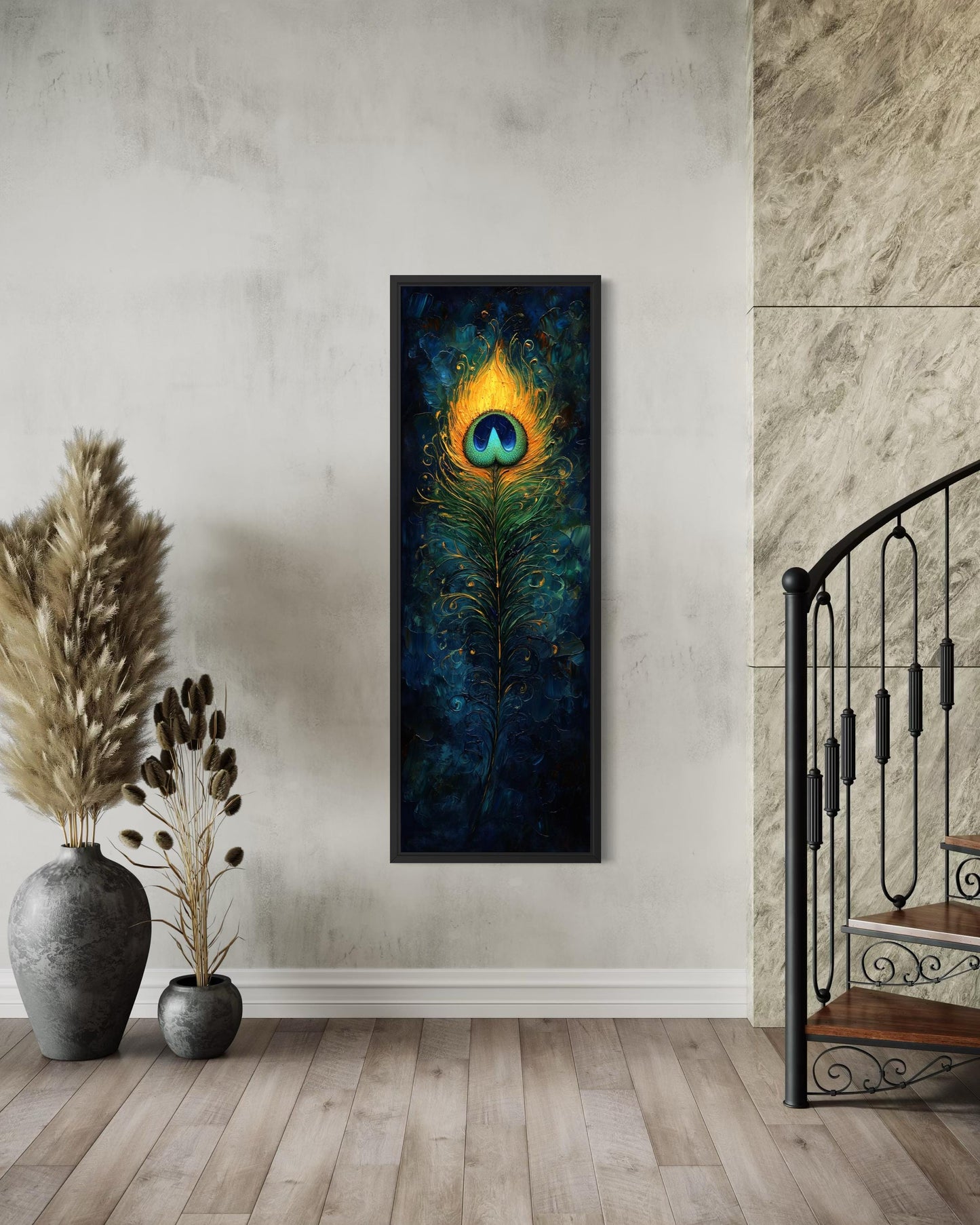 Peacock Feather Wall Art | Vertical Canvas Print - Blue Gold Abstract Feather Design