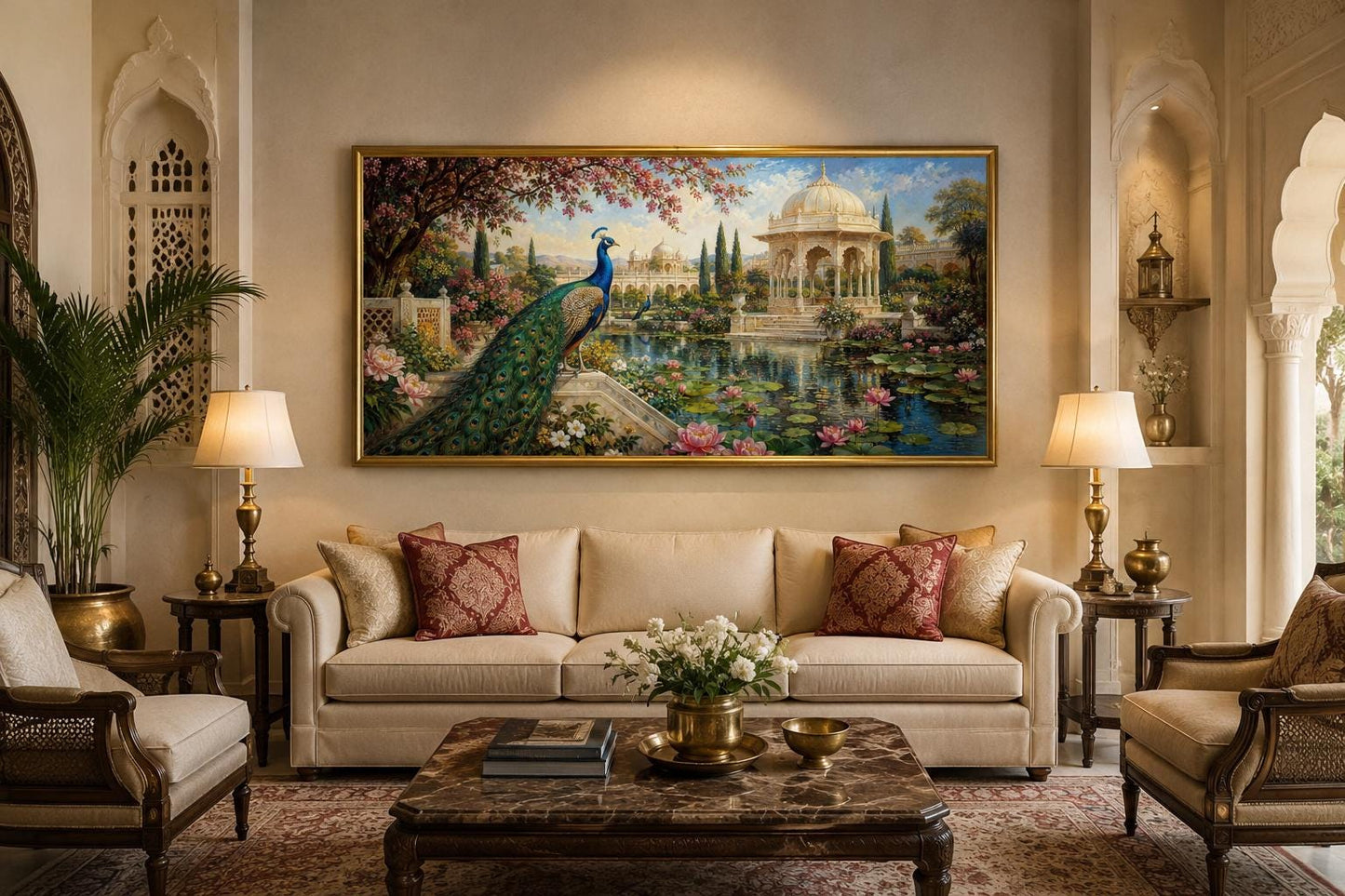Peacock in Indian Palace Garden Living Room Canvas Wall Art