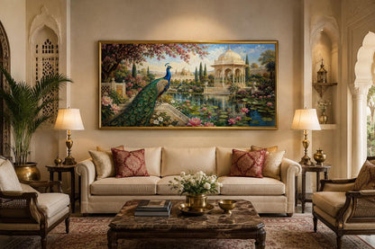 Peacock in Indian Palace Garden Living Room Canvas Wall Art