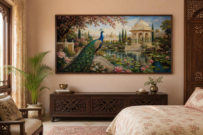 Peacock in Indian Palace Garden Living Room Canvas Wall Art