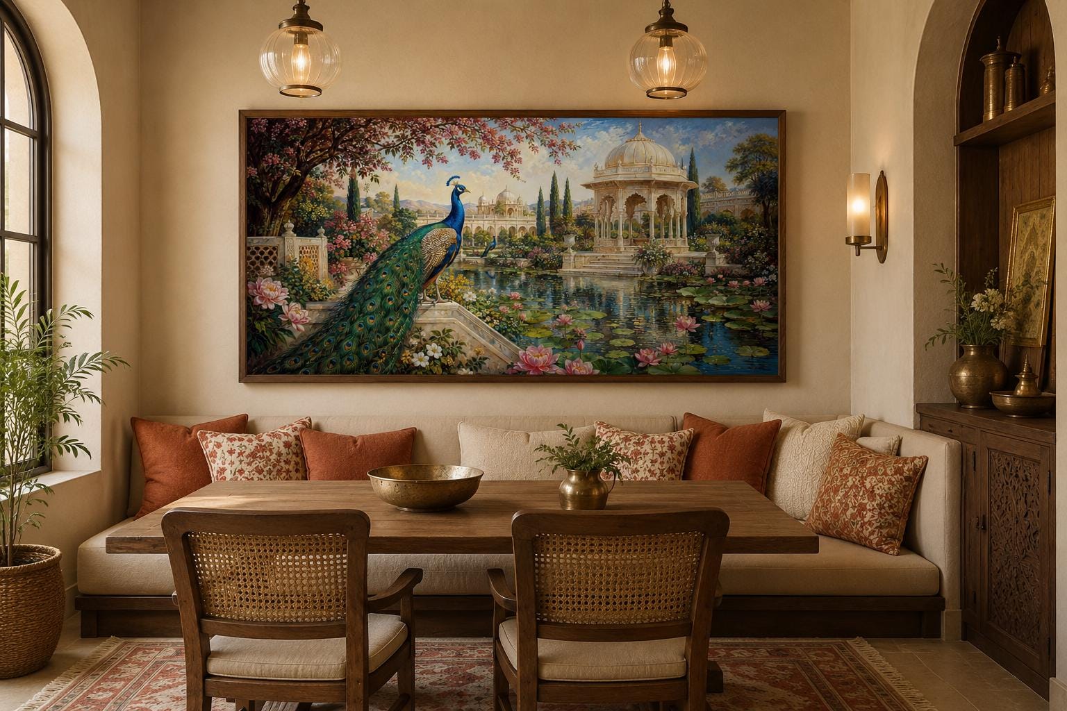 Peacock in Indian Palace Garden Living Room Canvas Wall Art