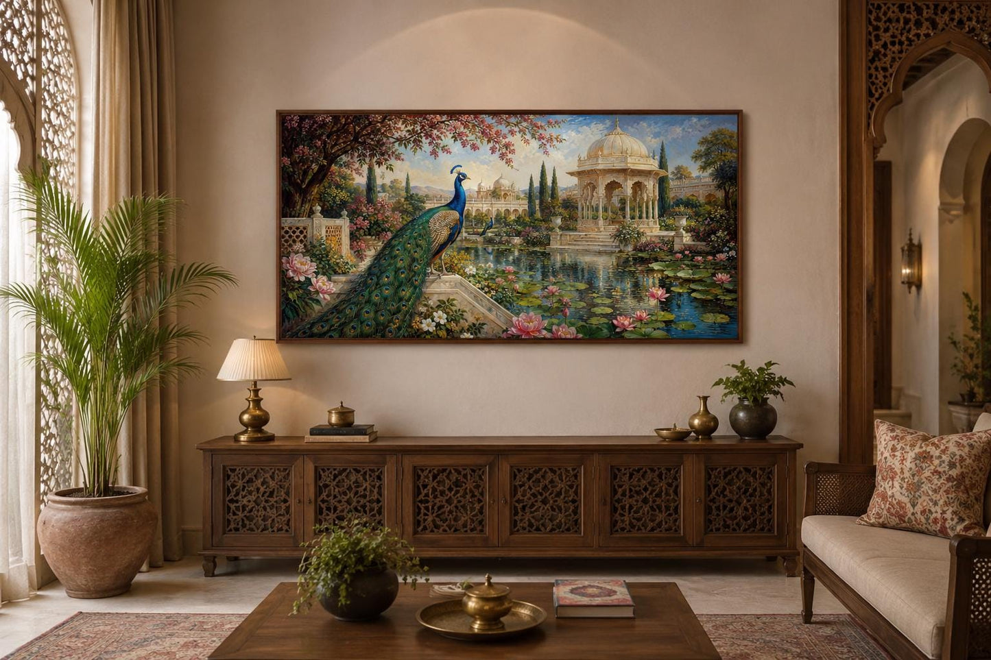 Peacock in Indian Palace Garden Living Room Canvas Wall Art