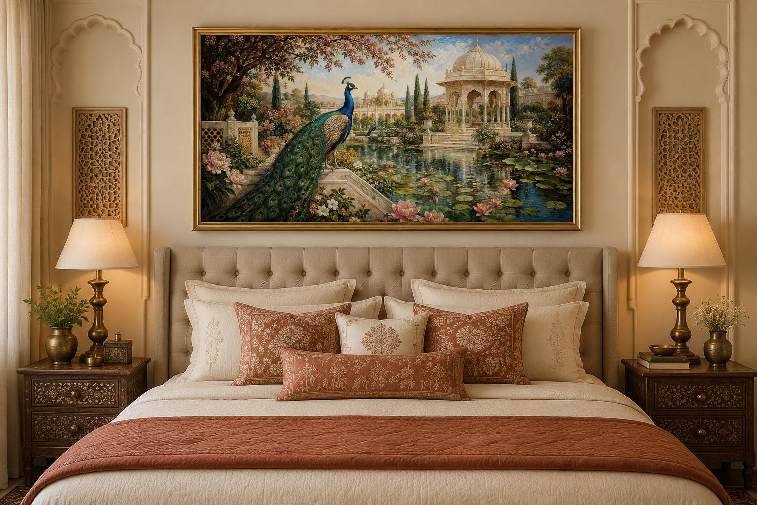 Peacock in Indian Palace Garden Living Room Canvas Wall Art