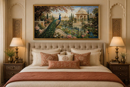 Peacock in Indian Palace Garden Living Room Canvas Wall Art