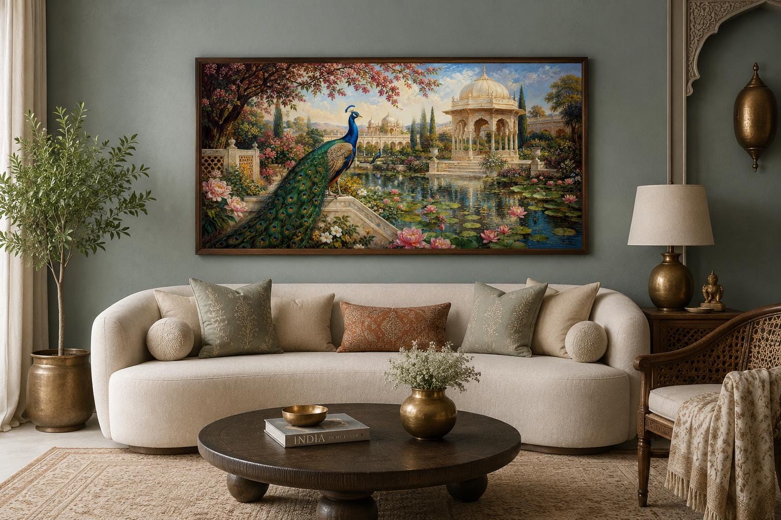 Peacock in Indian Palace Garden Living Room Canvas Wall Art