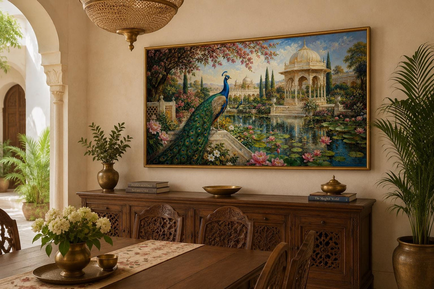 Peacock in Indian Palace Garden Living Room Canvas Wall Art