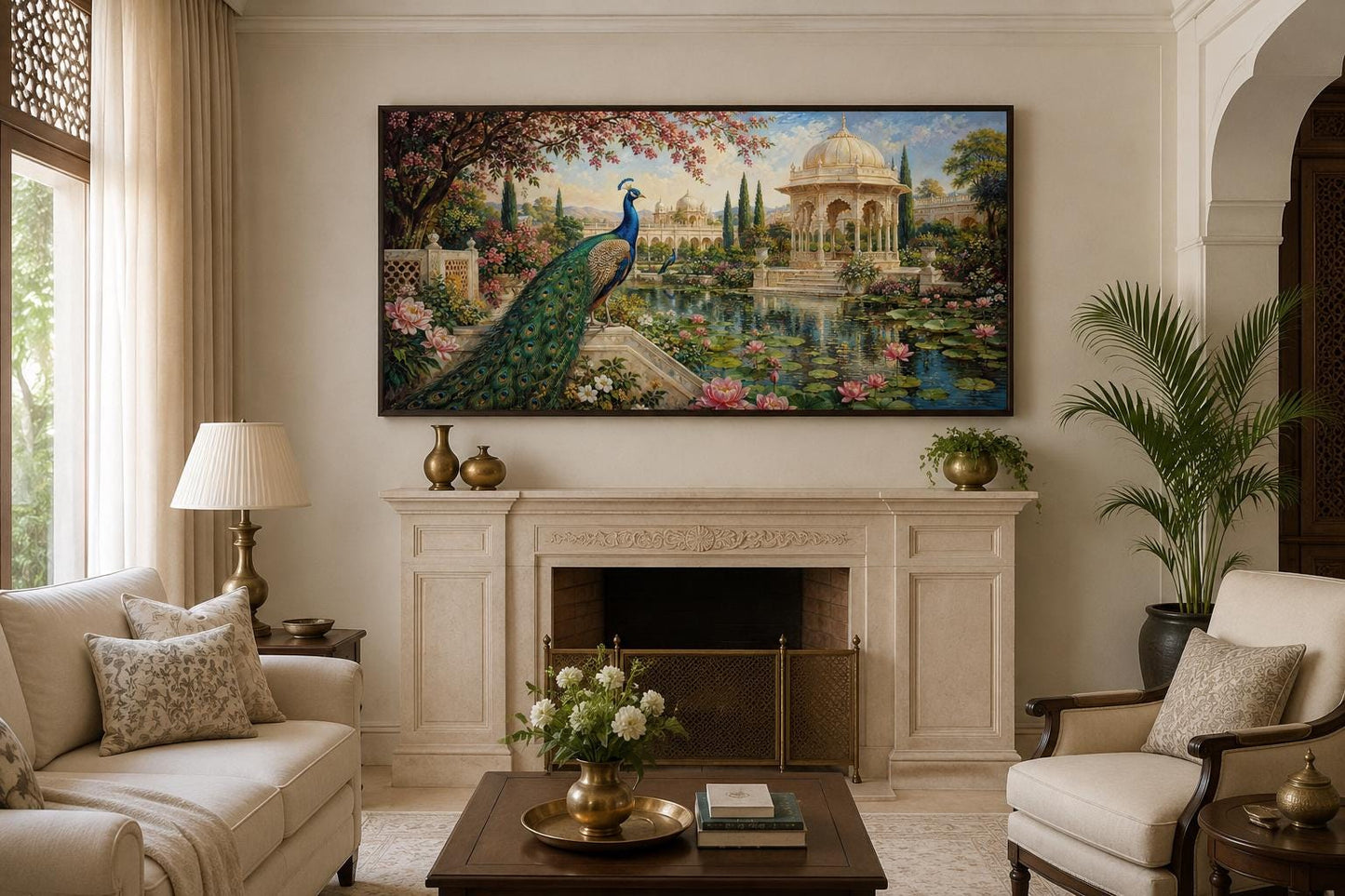 Peacock in Indian Palace Garden Living Room Canvas Wall Art