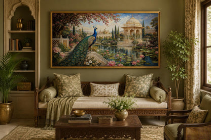 Peacock in Indian Palace Garden Living Room Canvas Wall Art