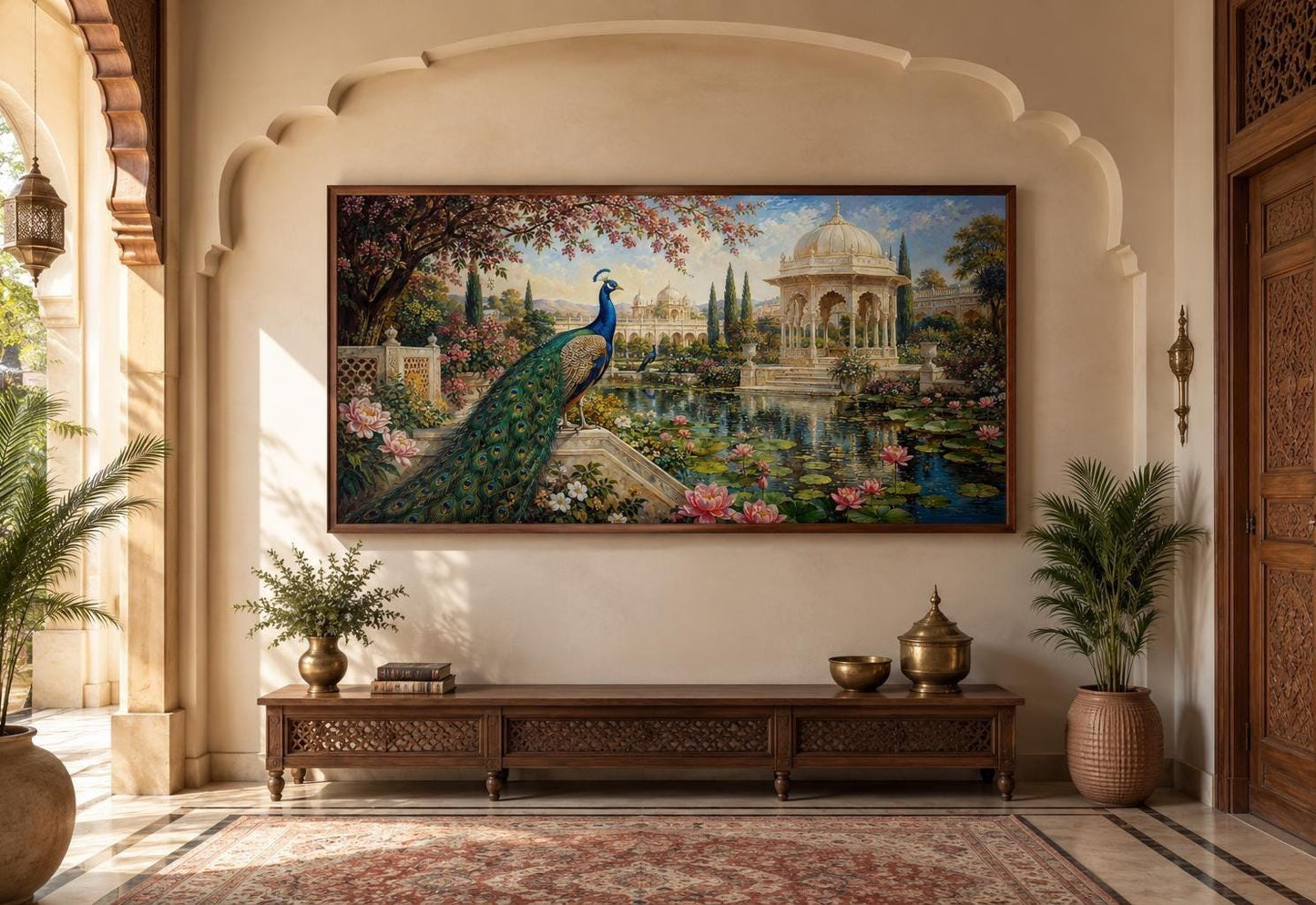 Peacock in Indian Palace Garden Living Room Canvas Wall Art