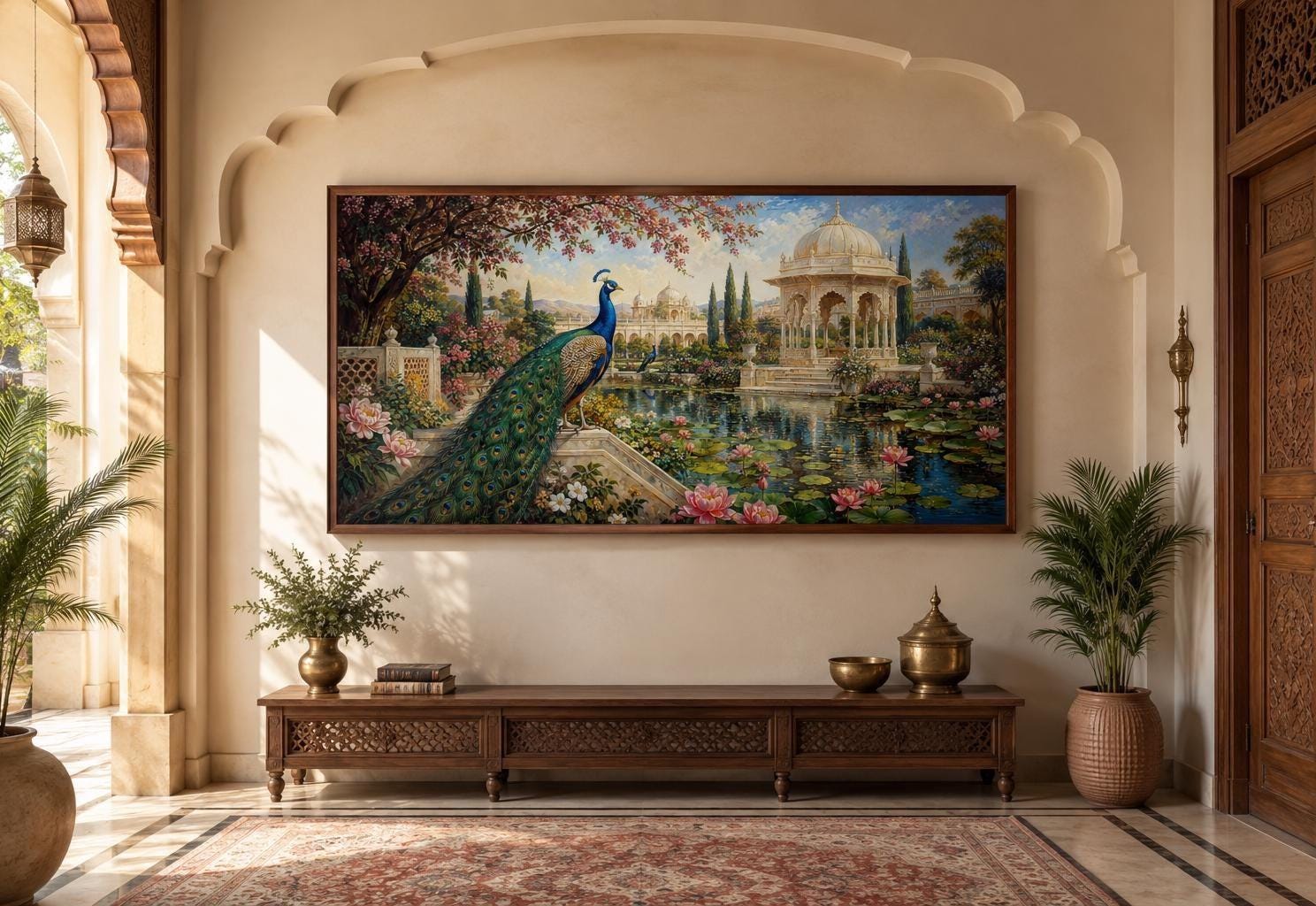 Peacock in Indian Palace Garden Living Room Canvas Wall Art