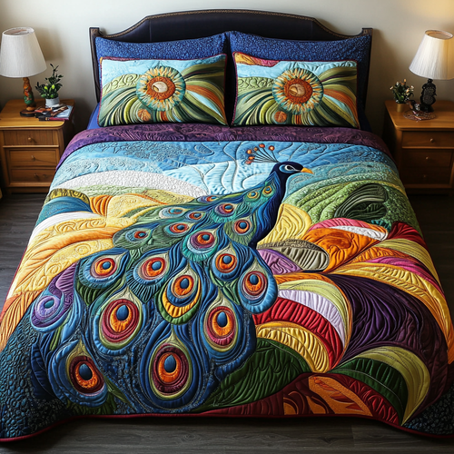 Peacock Vibes 3-Piece Quilted Bedding Set - Single (59" x 70")