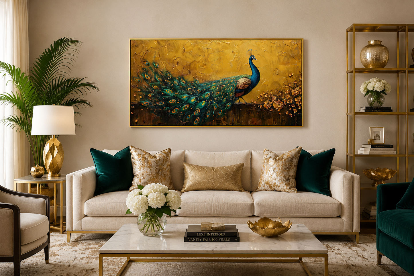 Peacock Wall Art – Framed Canvas Print With Gold Background For Living Room
