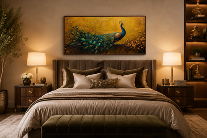Peacock Wall Art – Framed Canvas Print With Gold Background For Living Room