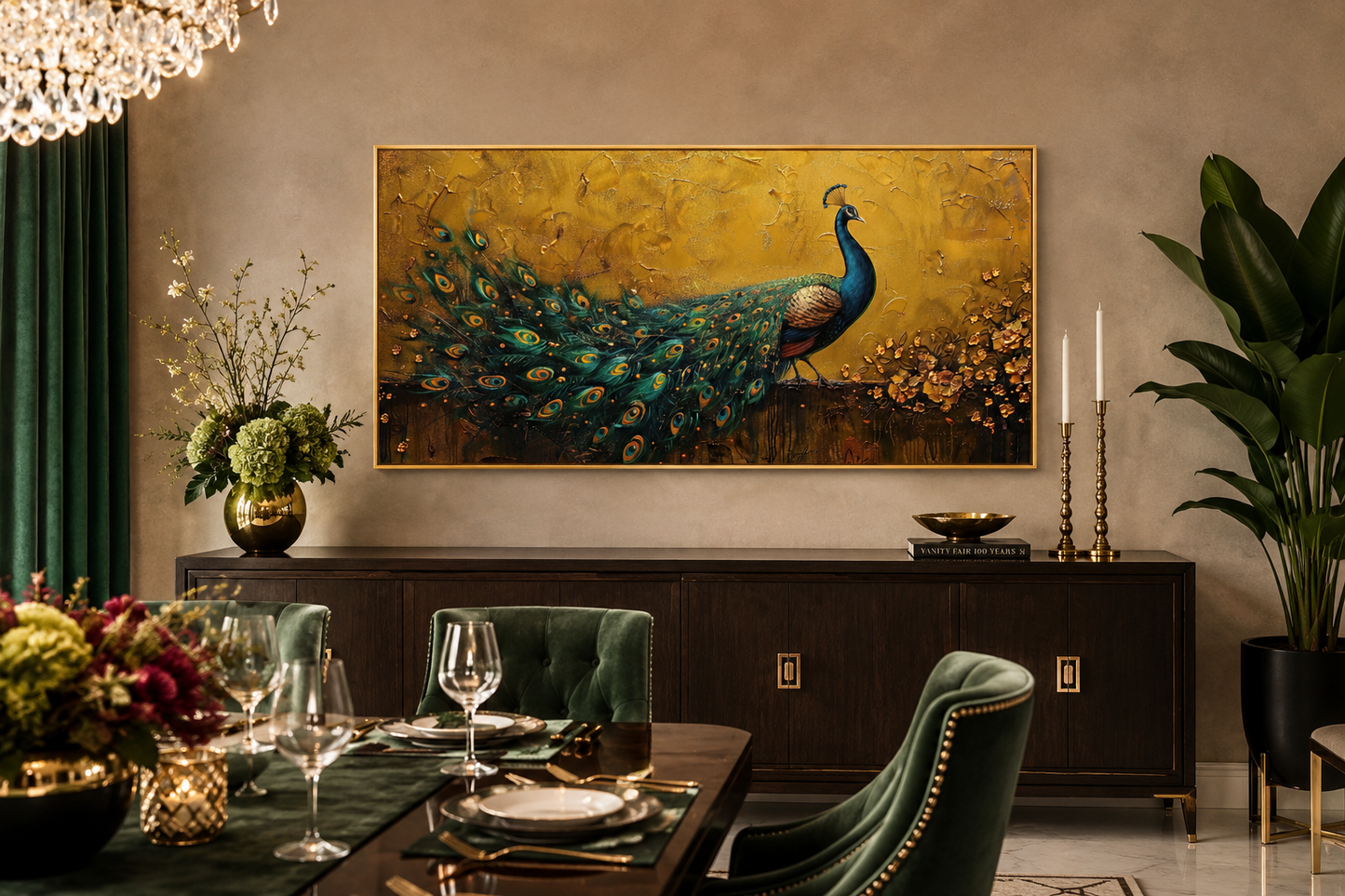 Peacock Wall Art – Framed Canvas Print With Gold Background For Living Room