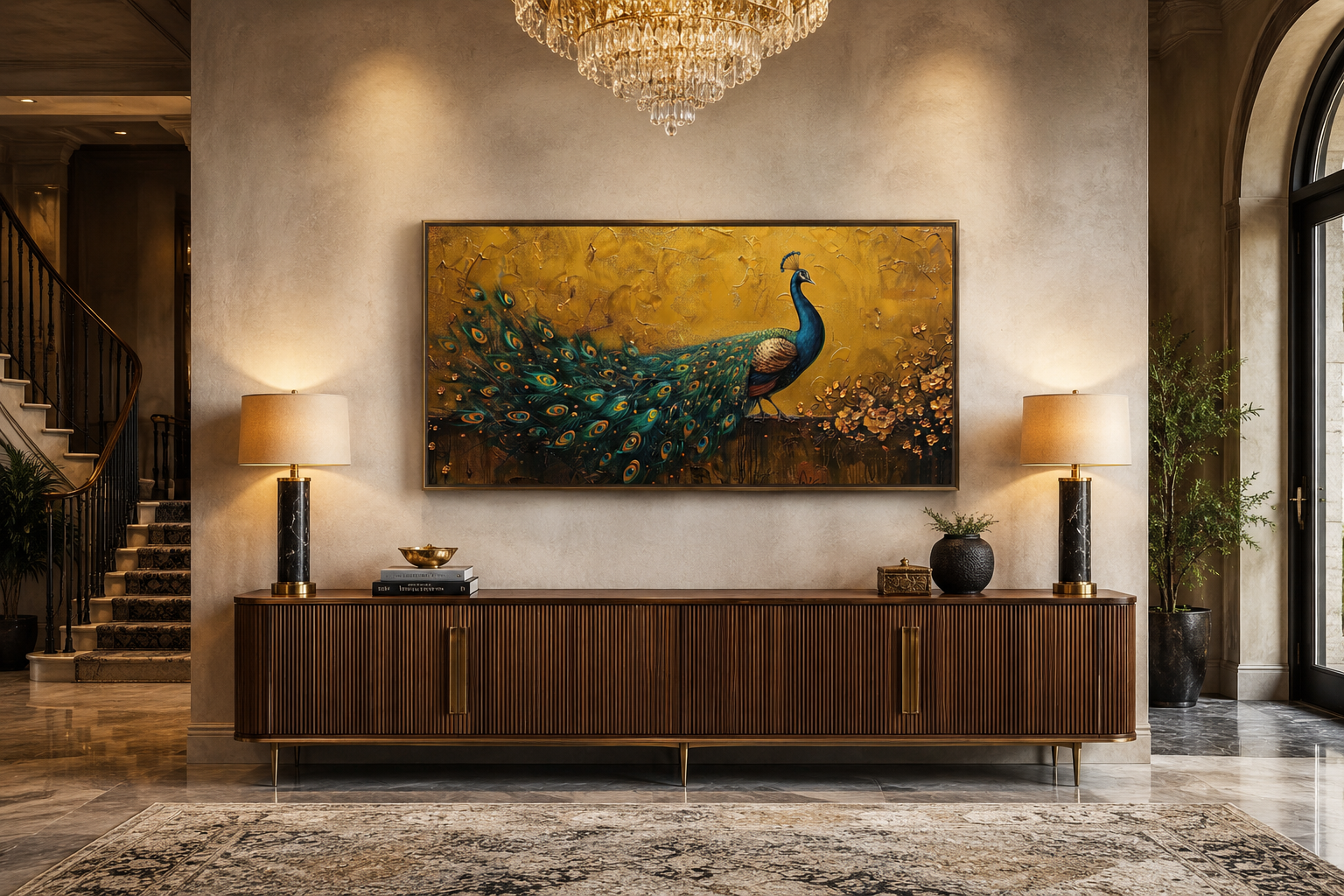 Peacock Wall Art – Framed Canvas Print With Gold Background For Living Room