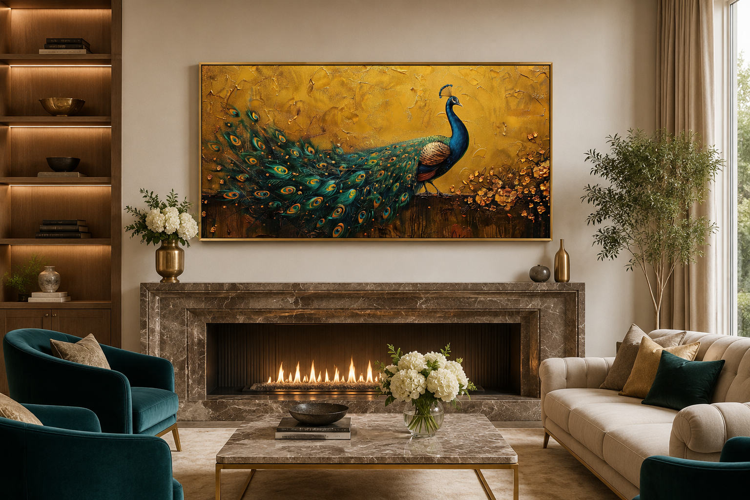 Peacock Wall Art – Framed Canvas Print With Gold Background For Living Room