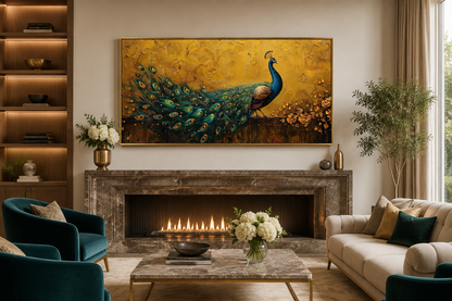 Peacock Wall Art – Framed Canvas Print With Gold Background For Living Room
