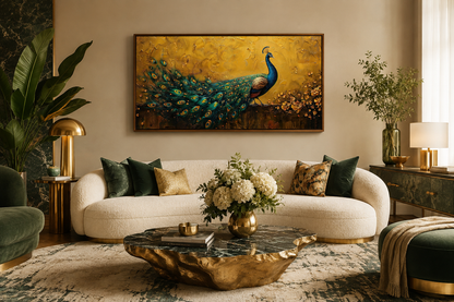 Peacock Wall Art – Framed Canvas Print With Gold Background For Living Room