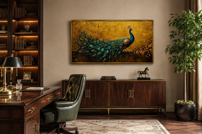 Peacock Wall Art – Framed Canvas Print With Gold Background For Living Room