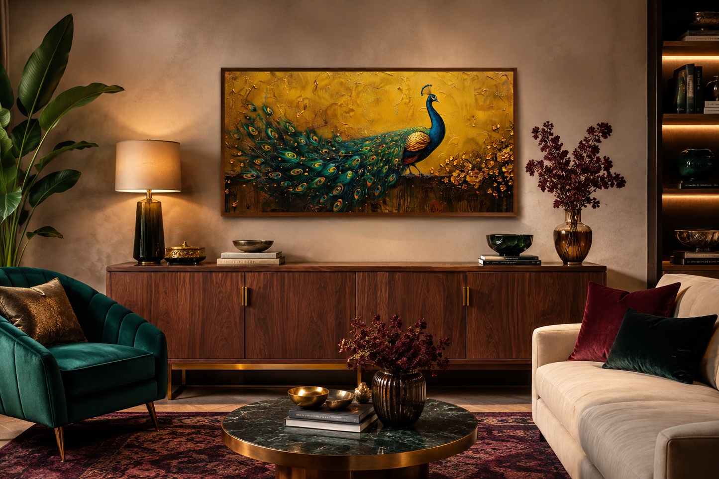 Peacock Wall Art – Framed Canvas Print With Gold Background For Living Room